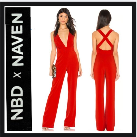 NBD x Naven Red Crisscross Kendall Wide Leg Jumpsuit - Picture 1 of 7